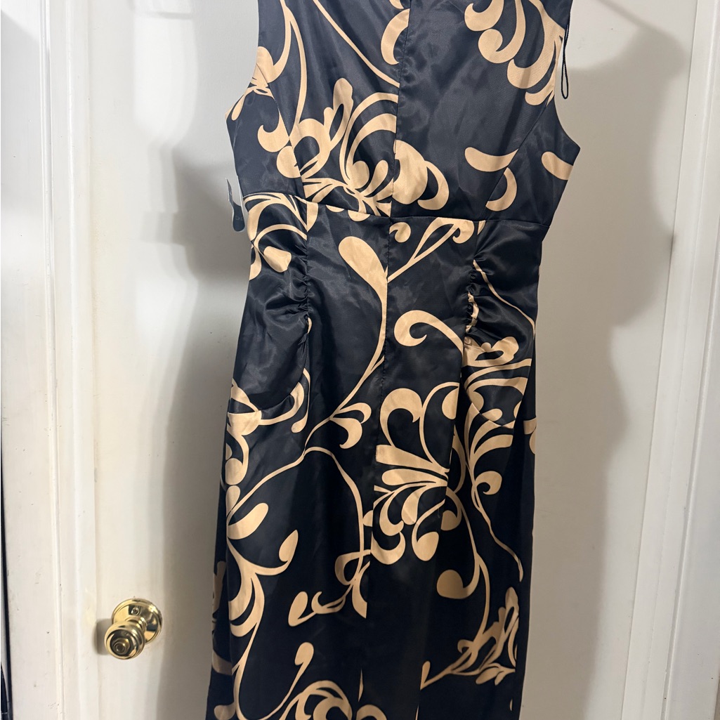 London Times Black Midi Dress With Tan Scroll Pattern